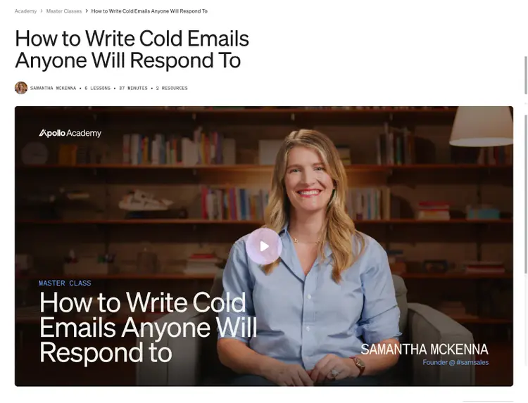 Apollo Academy course on writing cold emails with Samantha McKenna