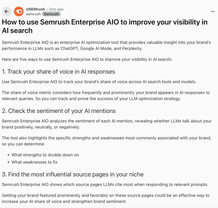 Sample Reddit post by Semrush