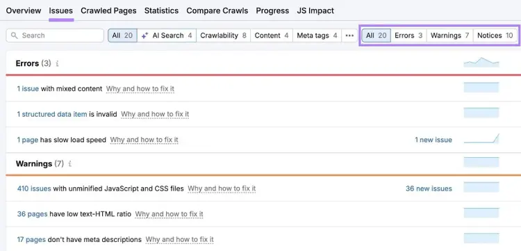 The "Issues" tab on Site Audit showing a list of site issues categorized into errors, warnings, and notices.