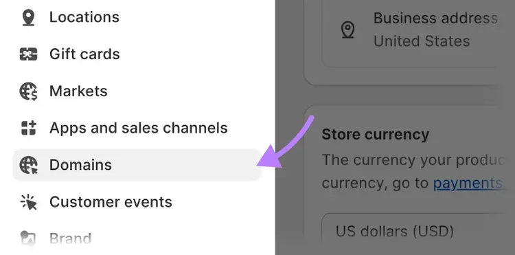 Settings dashboard with Domains option highlighted.
