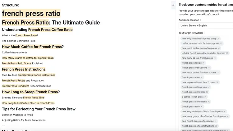 Blog post outline with sections and SEO keywords for French Press article