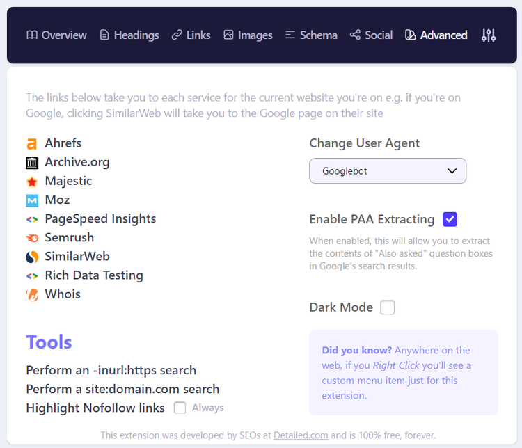 Detailed SEO extension Advanced tab with tools: Ahrefs, Archive.org, Majestic