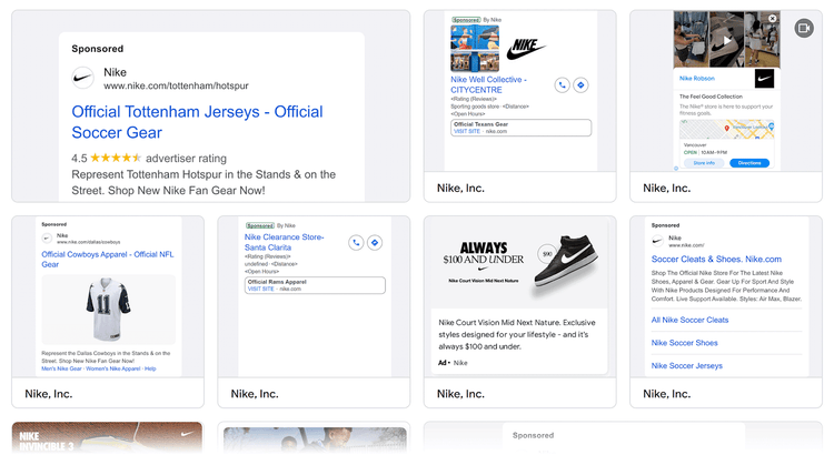 Google Ads transparency grid showing ads run by Nike Inc.