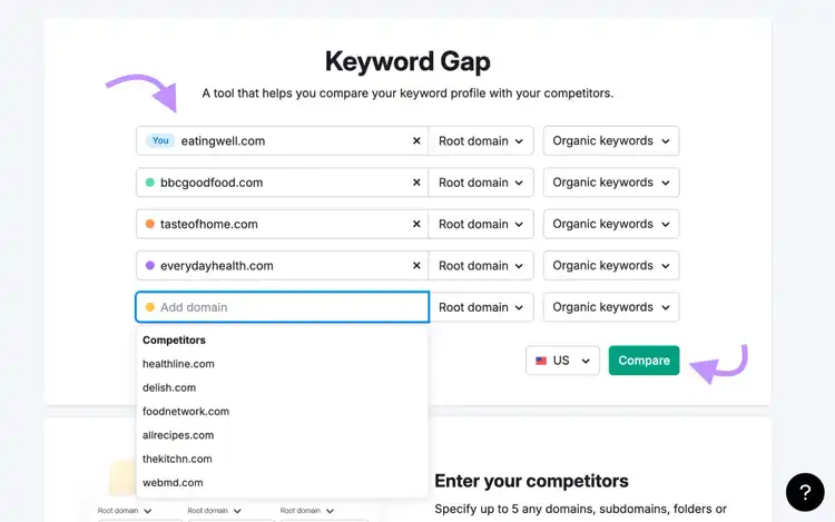 keyword gap start page