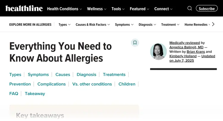 Healthline pillar page about allergies with links to sections on types, symptoms, causes, diagnosis, treatments, and more