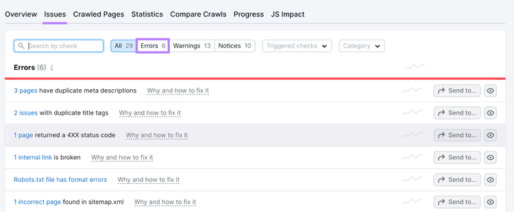 “Errors” page in Site Audit shows issues you should address