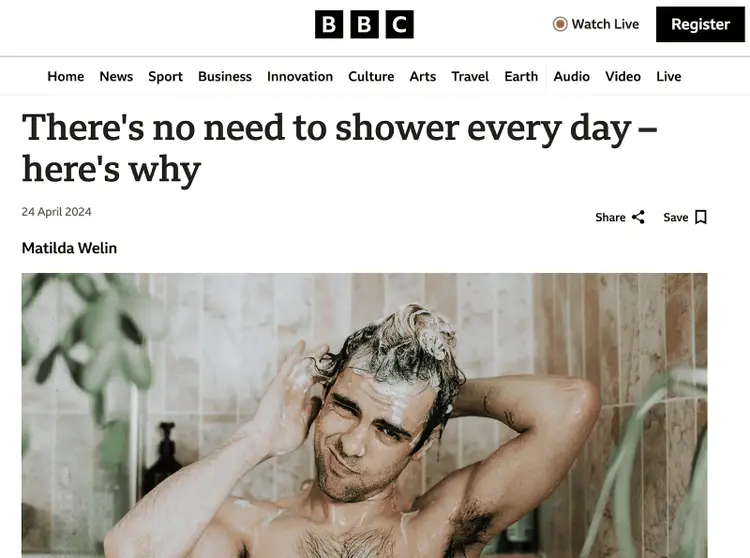 BBC News article about daily showering habits with headline