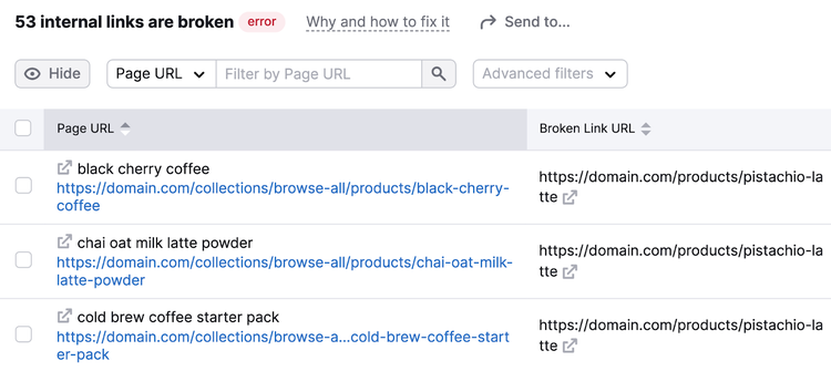 A list of affected pages and link in Site Audit tool