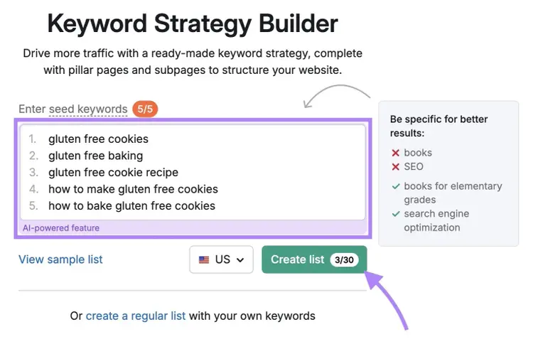 Keyword Strategy Builder with five seed keywords entered, "Create list" clicked, and the "Keyword lists" section below highlighted.
