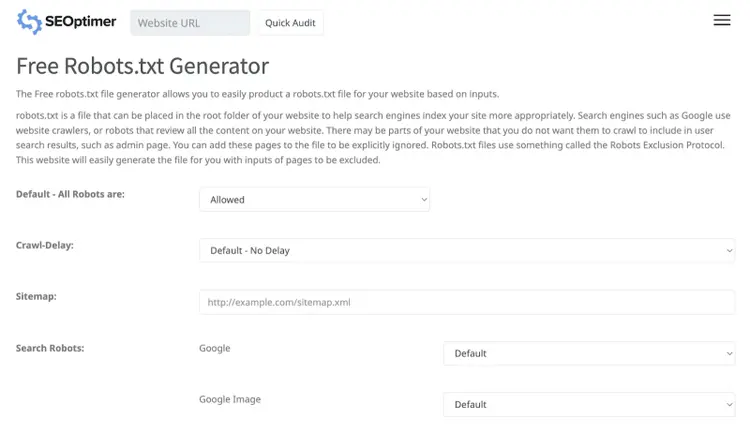 Robots.txt file maker has field for crawl delay, sitemap, and allow/disallow for search robots.
