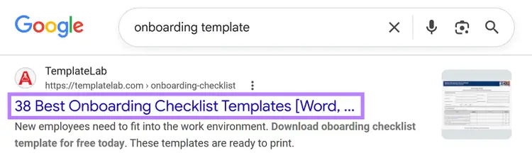 Google SERP result with a long title tag truncated in search results for “onboarding template.”