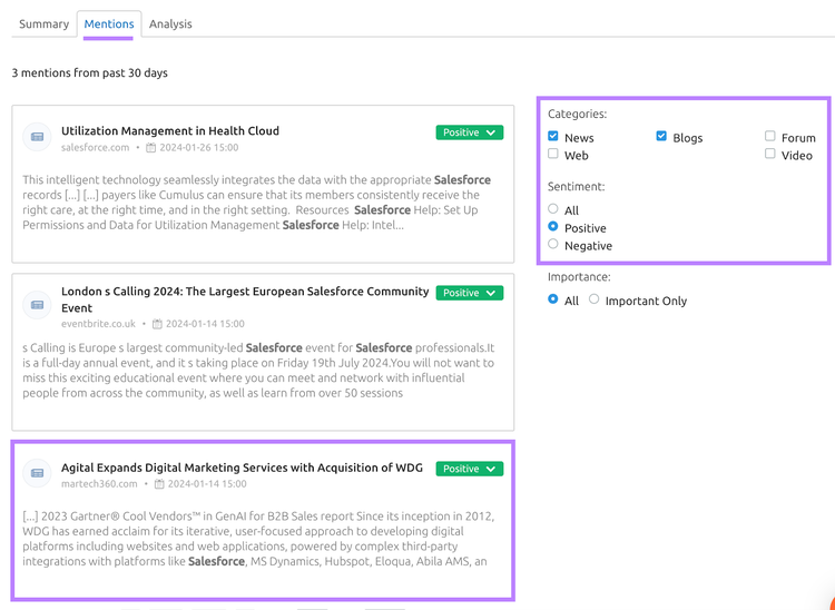 "Mentions" dashboard in Media Monitoring app