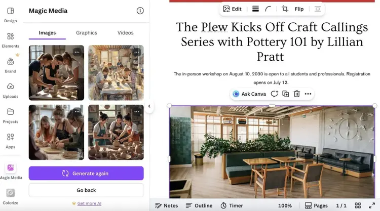Canva interface with a press release template on the right and images generated based on a prompt on the left.