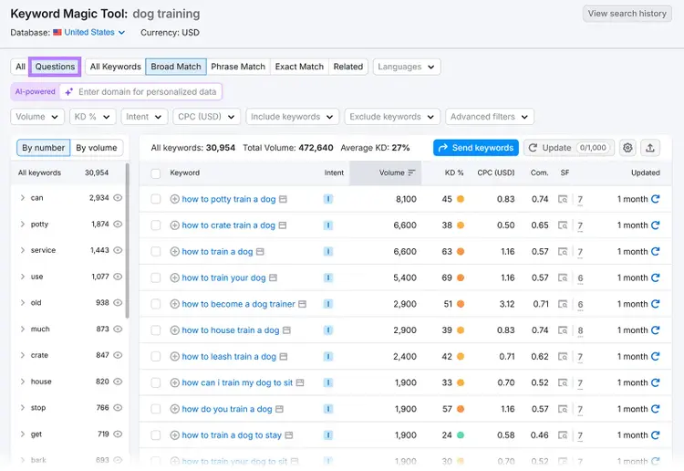 Keyword Magic Tool showing question-based keyword ideas for "dog training" with metrics for volume and difficulty.
