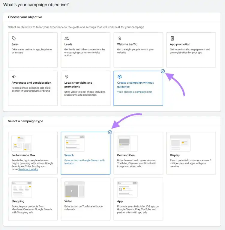 Google Ads setup window with options to select a campaign objective and campaign type.
