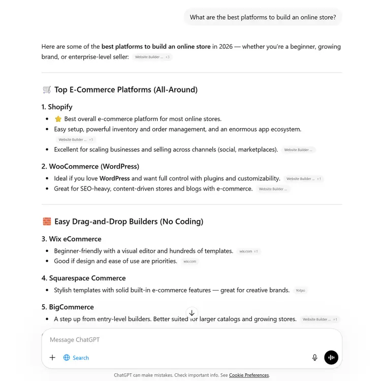 ChatGPT response listing top ecommerce platforms like Shopify, WooCommerce, Wix, Squarespace, and BigCommerce