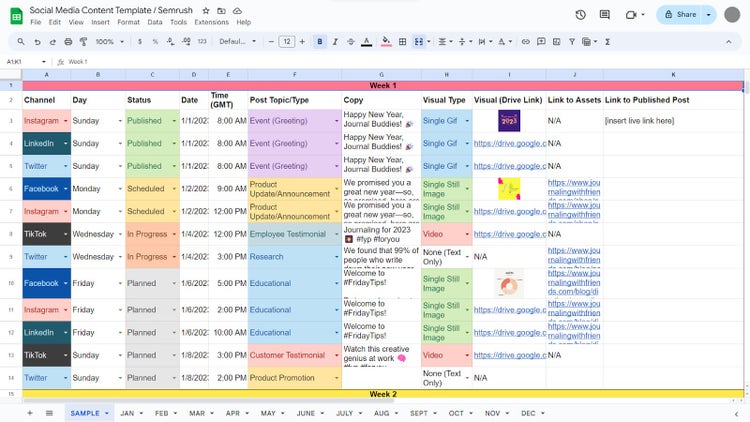 Social media content template from Semrush