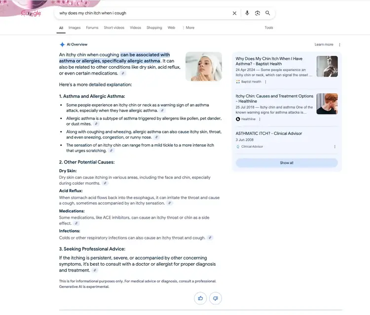 Google Search result for chin itch when coughing with AI Overview panel listing medical causes