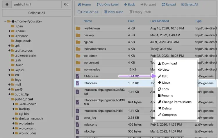 The ".htaccess" file on cPanel right-clicked and "Edit" selected from the options that appear.