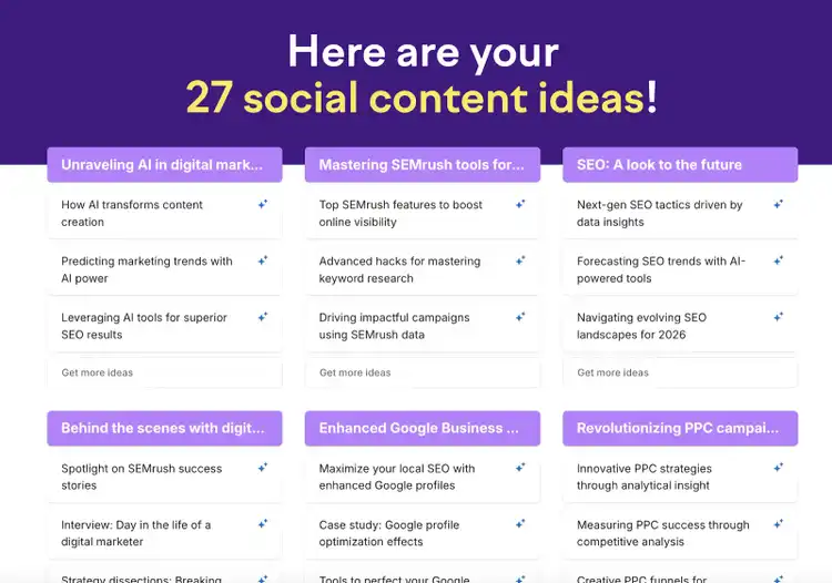 Social Content AI showing 27 content ideas across three tabs with topic categories and 'Get more ideas'