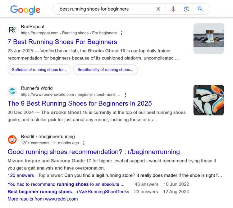 Google search results for 'best running shoes for beginners'