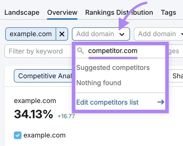 Adding a competitor's domain on the Overview report of the Position Tracking tool.