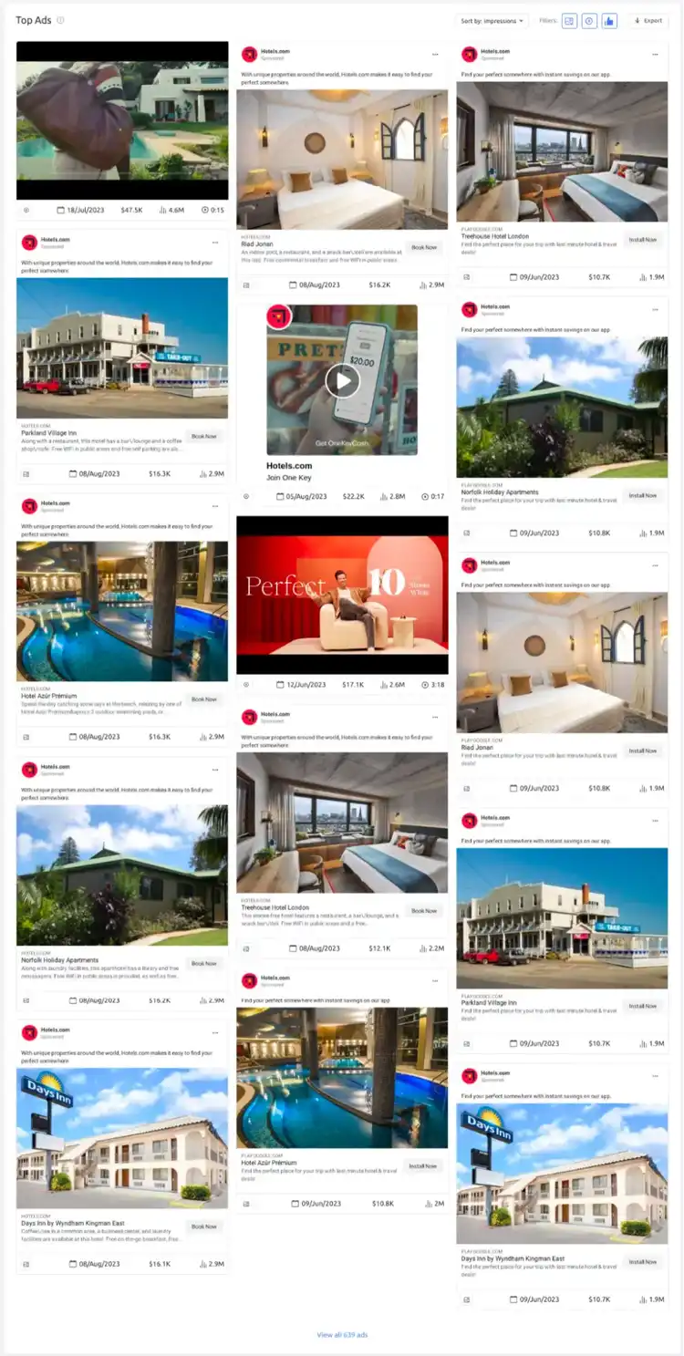 The top ads for hotels.com as seen in the AdClarity — Advertising Intelligence app.