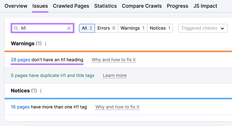 A warning in Site Audit tool that reads: "28 pages don't have an h1 heading" highlighted