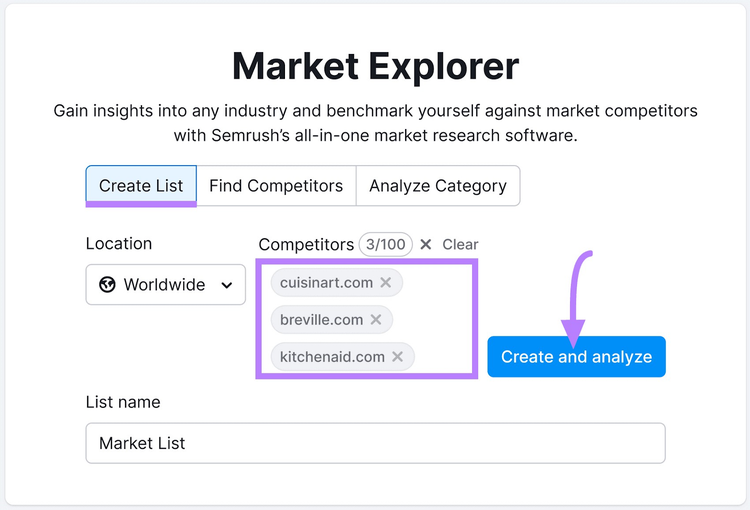 Create list option in Market Explorer tool