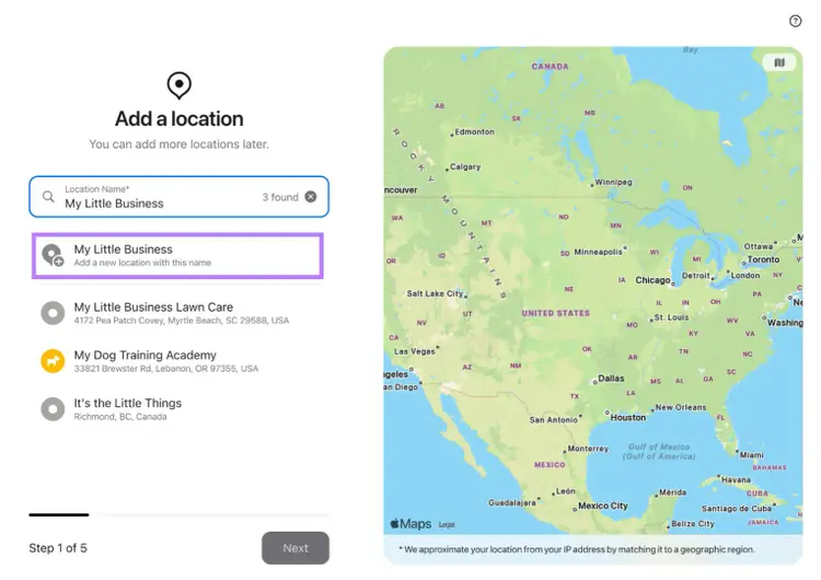 Search page with ‘My Little Business’ highlighted to add a new location.