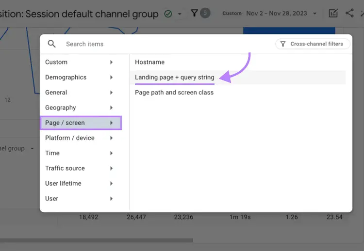 “Landing page + query string" button selected
