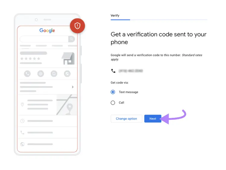 Verification page showing phone number and text or call options with arrow pointing to “Next” button.