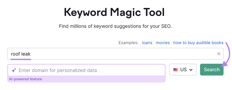 search for roof leak in keyword magic tool