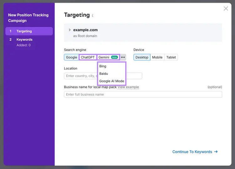 Semrush Prompt Tracking setup showing AI targeting options highlighted
