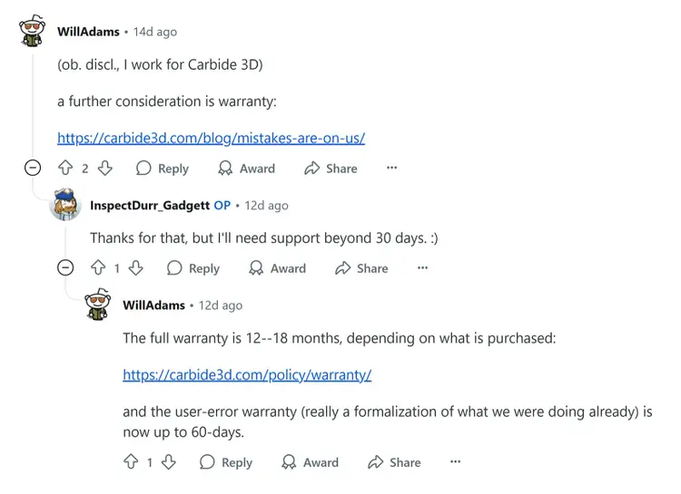 Reddit comment thread by Will Adams discussing product warranties with links.