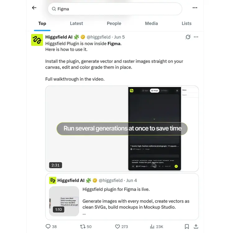 X search results showing Higgsfield AI posts about a Figma plugin for image generation