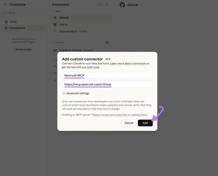 Claude custom connector setup for Semrush MCP with server URL entered before adding the integration