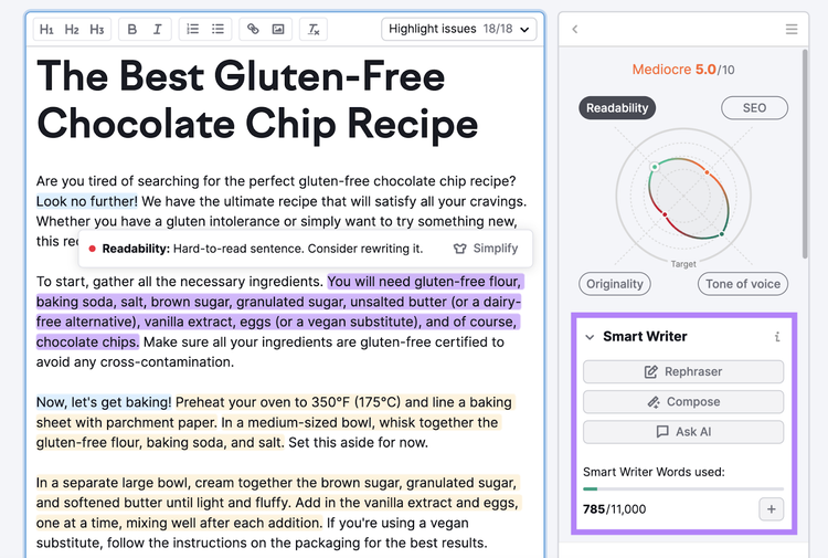 "Smart Writer" AI section in SEO Writing Assistant