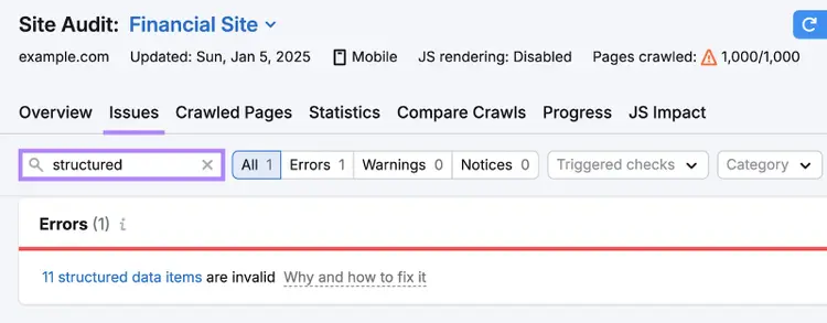 Semrush Site Audit Issues tab showing 11 invalid structured data items found after searching for structured data errors