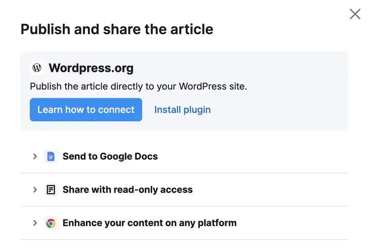 Publish and share options: WordPress, Google Docs, read-only link, enhance on any platform
