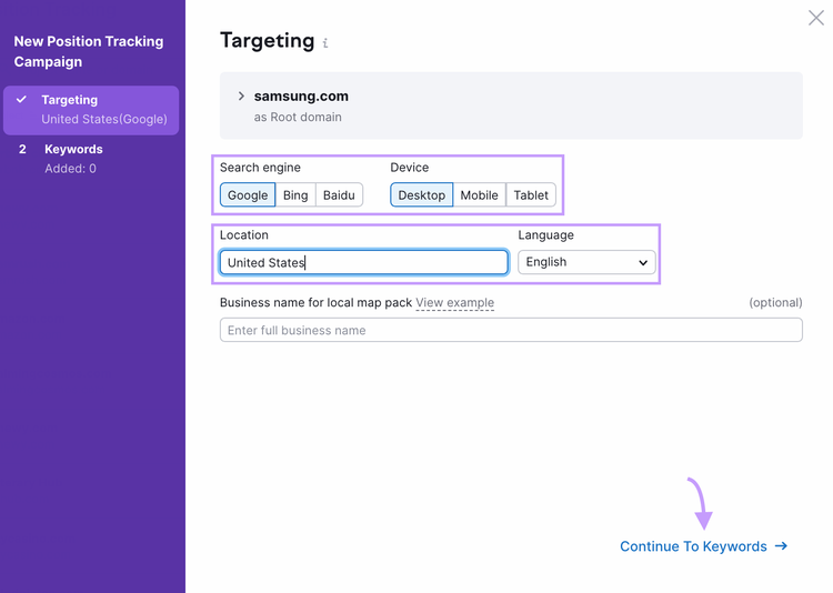 Position tracking campaign setup screen showing targeting options such as search engine, device, location and language.