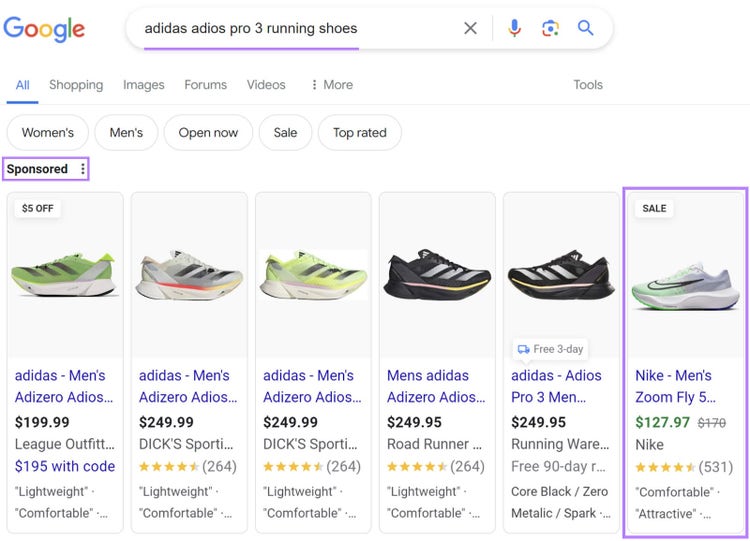 Google SERP showing various sponsored shopping ads for different models of Adidas running shoes and one pair of Nike running shoes.