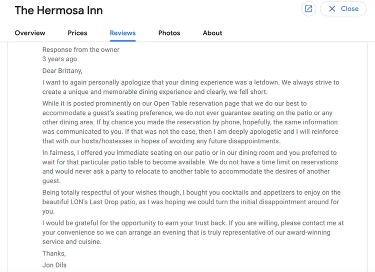 the response from owner includes further details about the situation, including what they did to make their experience better in the moment