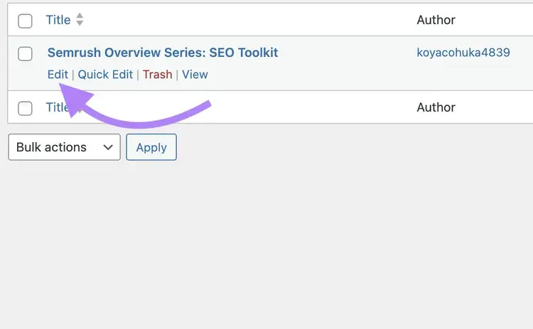 WordPress dashboard with example post and edit button
