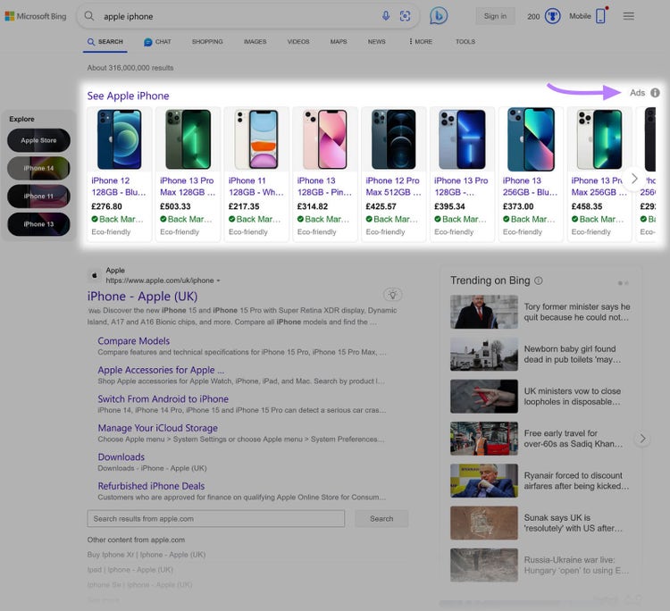 Paid listings on Bing's SERP have “Ads” label