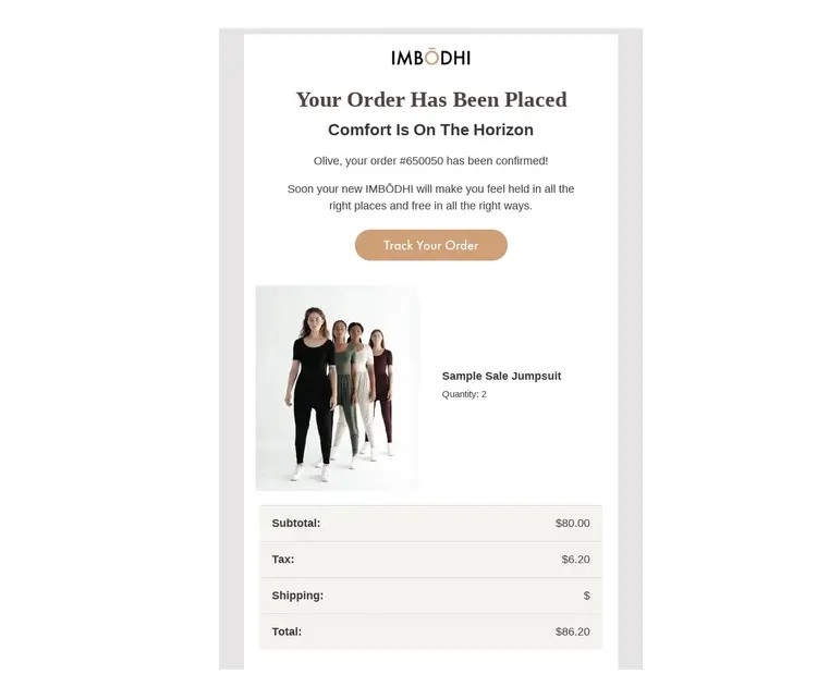 A post-purchase follow-up email, by Imbodhi, confirming order details along with a link to track the order.