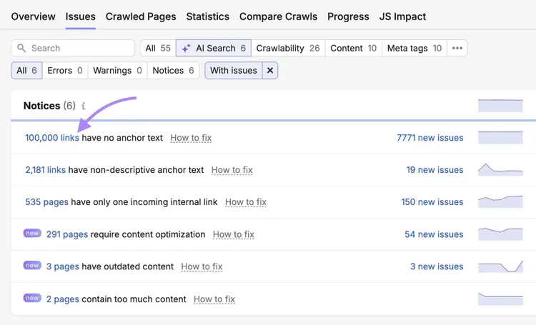 AI Search issues on Site Audit with one of the notices clicked.
