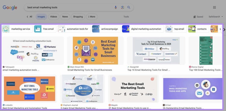 Screenshot: Google Images search for 'best email marketing tools' with colorful infographics