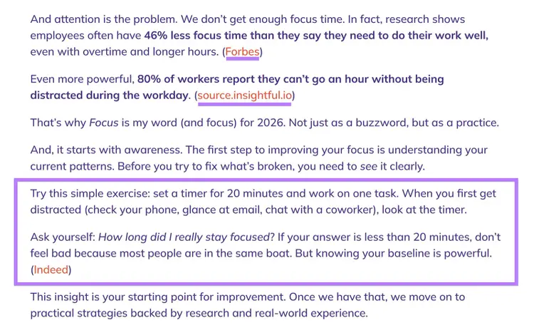 Blog section highlighting focus and distraction statistics to support data-driven blog ideas.