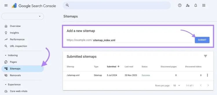 The "Sitemaps" tab on Google Search Console with a sitemap added and "Submit" clicked.